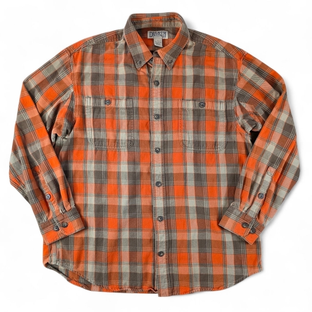 Duluth Trading Co. Men’s Orange Brown Plaid Flannel Shirt Size L 100% Cotton